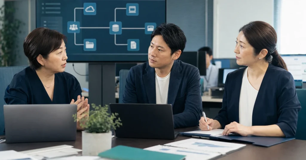 人事労務クラウドとBPOのM&Aについて話し合うSaaS経営者とアドバイザー