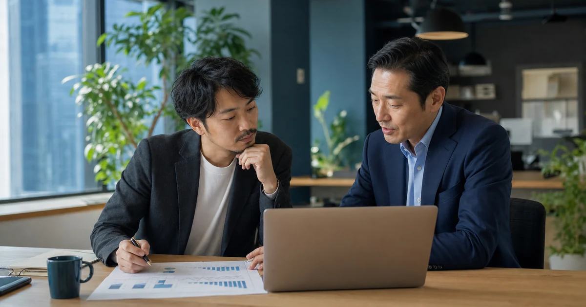ARRやNRRの推移表を見ながらSaaS企業の売却タイミングを検討する創業者とM&Aアドバイザー