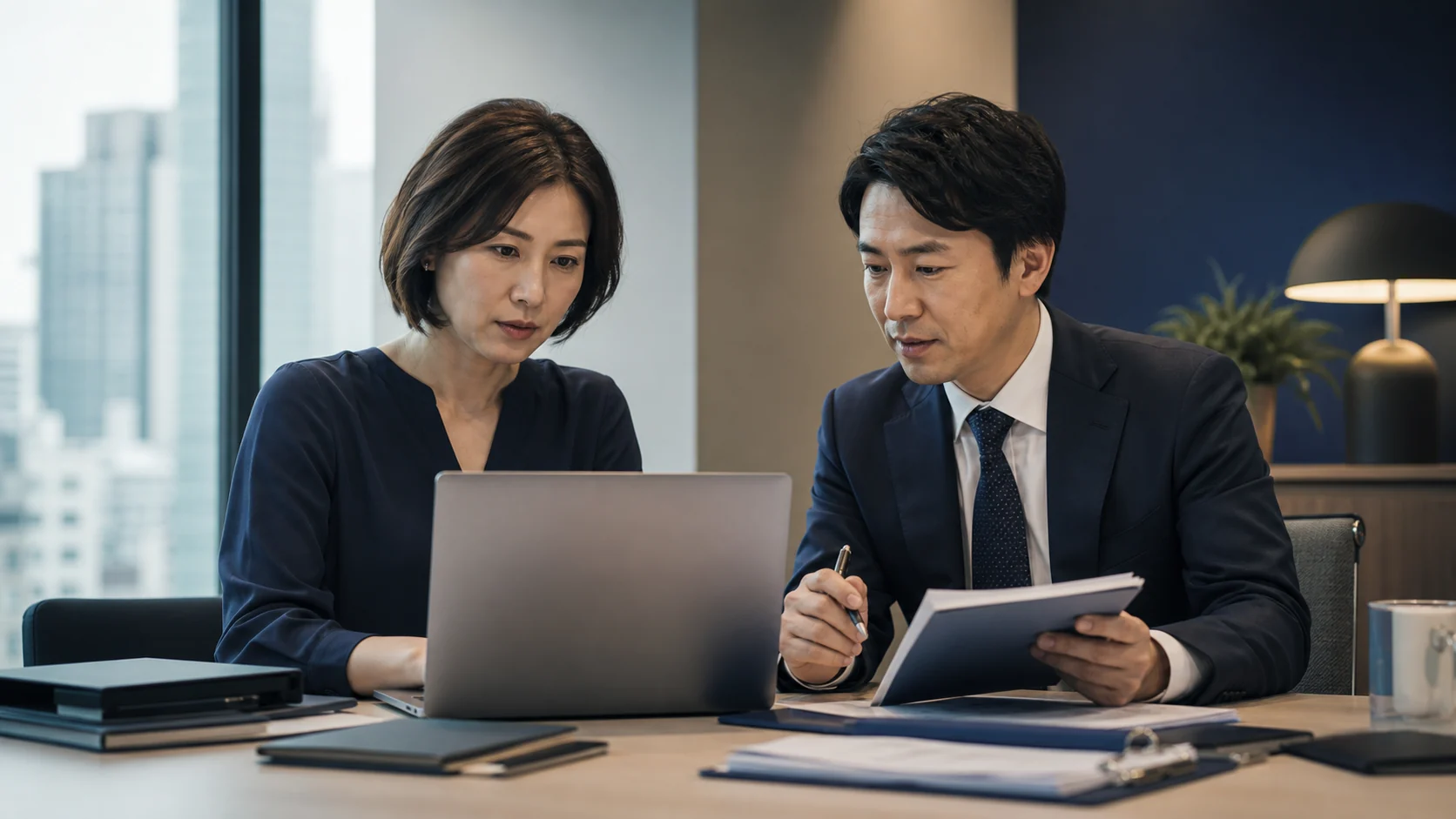 SaaS M&Aのデータルームで契約・財務資料を確認する経営者と専門家