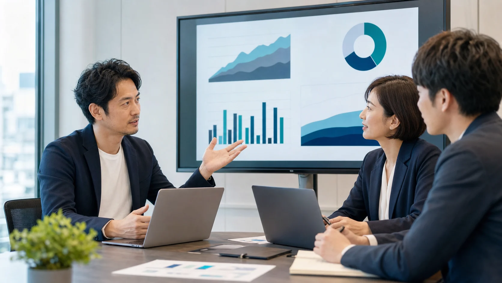 ARRや解約率などの指標を見ながらSaaSの企業価値を検討する経営者とアドバイザー